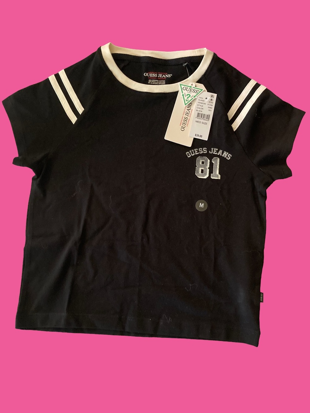 NWT Guess Jeans 81 Raglan Black & White Crop Top T-Shirt Size M/Stripes & Logo
